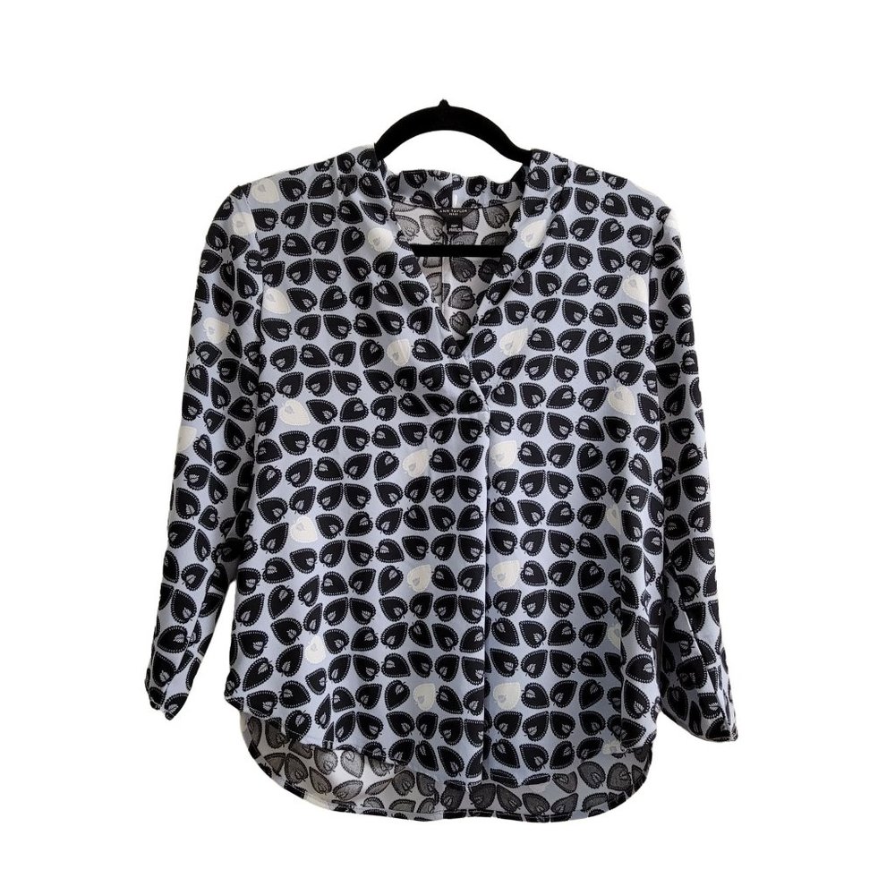 Ann Taylor Black Blue Leaf Print Long Sleeve Pullover Top Petite Small PS 1047